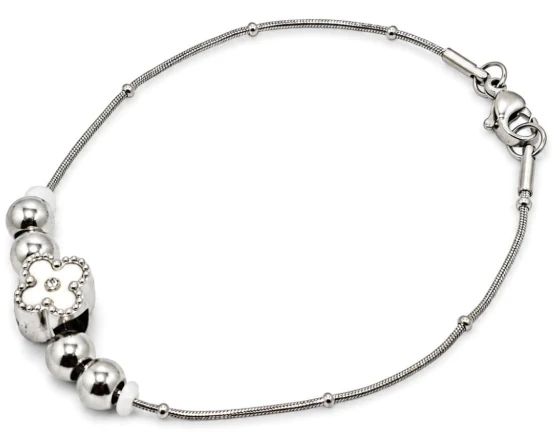 Pulsera de Acero Quirurgico eslabon cola de raton con micro bolitas y dije trebol blanco y bolitas 1
